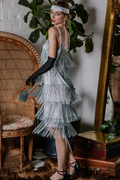 New Retro Stage [Clearance] Belted 1920s Fringe Gatsby Dress Gray