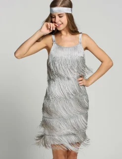 New Retro Stage [Clearance] Belted 1920s Fringe Gatsby Dress Gray
