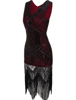 Sale Retro Stage [Clearance] 1920s Sequined Fringe Dress Wine Red