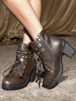 Discount Retro Stage Leather Lace-Up High Heel Ankle Boots Coffee