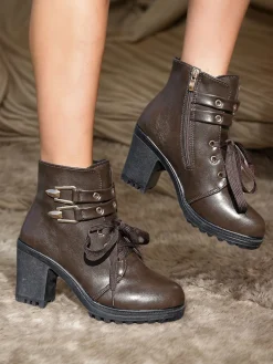 Discount Retro Stage Leather Lace-Up High Heel Ankle Boots Coffee