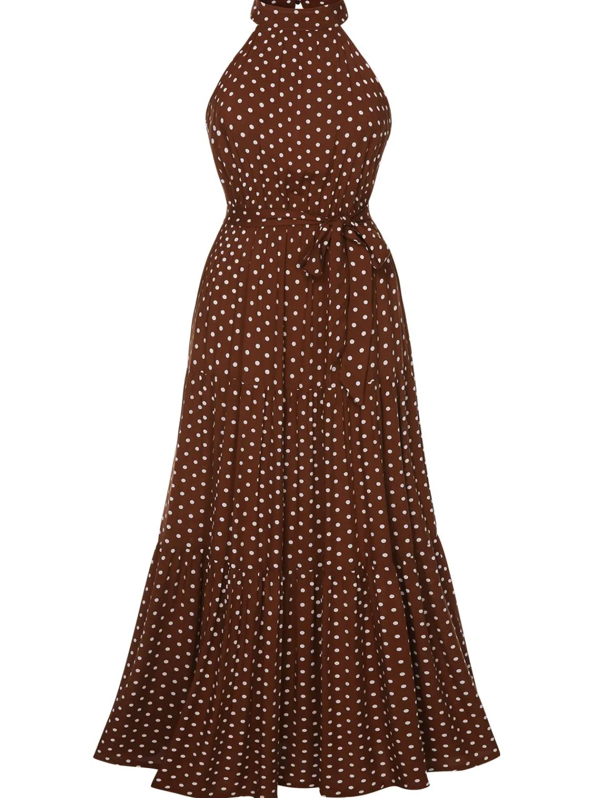 Clearance Retro Stage 1940s Crew Halter Polka Dot Dress Coffee