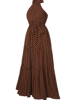 Clearance Retro Stage 1940s Crew Halter Polka Dot Dress Coffee