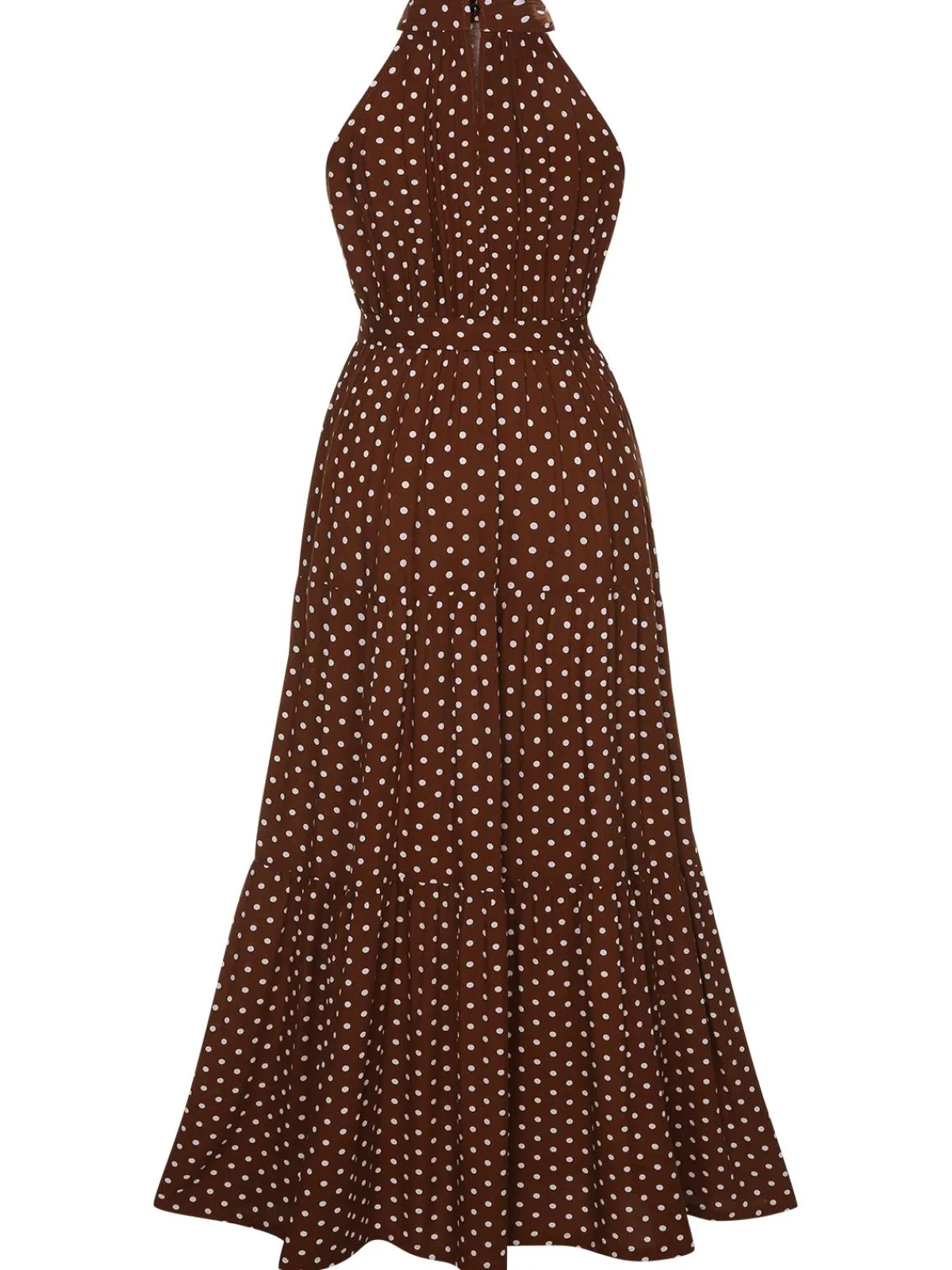 Clearance Retro Stage 1940s Crew Halter Polka Dot Dress Coffee