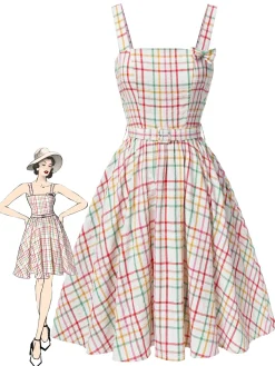 Outlet Retro Stage 1950s Wide Strap Bow Plaid Dress Colorful