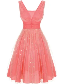Clearance Retro Stage 1950s V-Neck Sequin Dress Coral Pink
