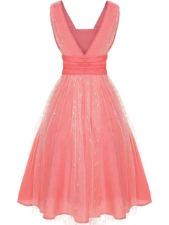 Clearance Retro Stage 1950s V-Neck Sequin Dress Coral Pink