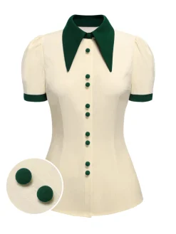 Hot Retro Stage 1950s Lapel Button Blouse Cream Color