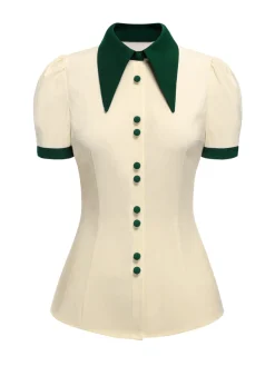 Hot Retro Stage 1950s Lapel Button Blouse Cream Color