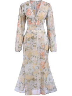 New Retro Stage 1940s V-Neck Floral Dress Cream Color