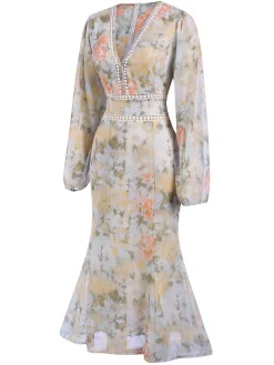 New Retro Stage 1940s V-Neck Floral Dress Cream Color