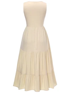 Online Retro Stage Cream 1940s Button Sleeveless Tiered Dress Cream Color