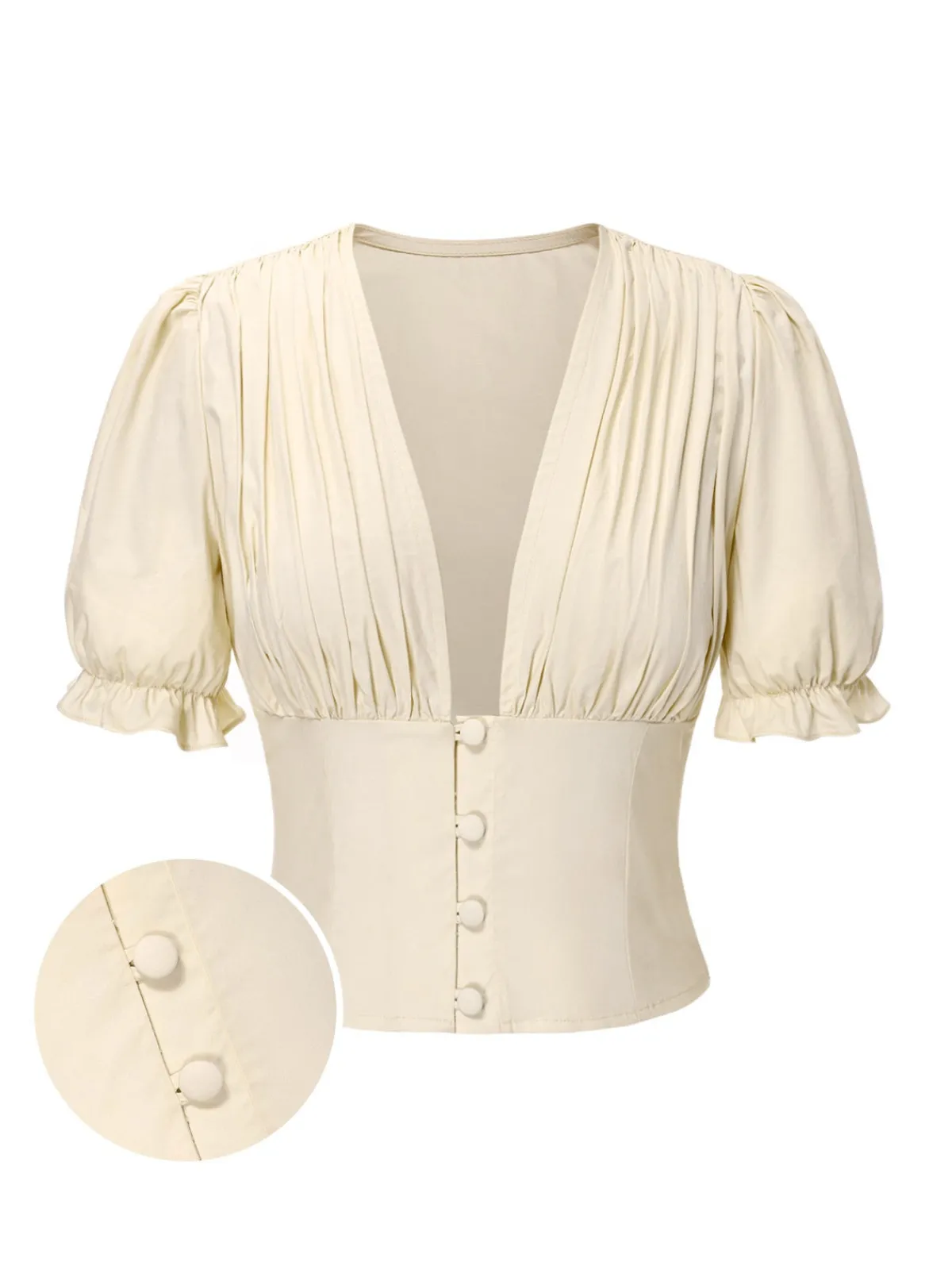 New Retro Stage Cream 1940s Cotton Deep V-Neck Ruched Top Cream White