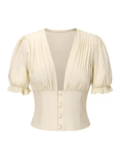 New Retro Stage Cream 1940s Cotton Deep V-Neck Ruched Top Cream White