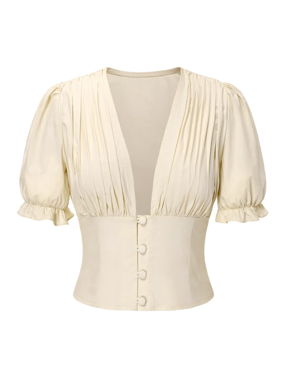 New Retro Stage Cream 1940s Cotton Deep V-Neck Ruched Top Cream White