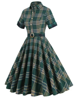 Clearance Retro Stage 1950s Lapel Plaid Dress Dark Army Green