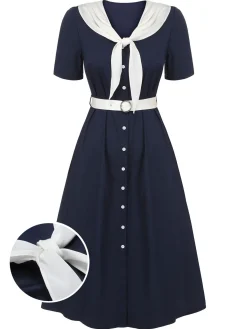 New Retro Stage 1940s Sailor Collar Dress Dark Blue & White