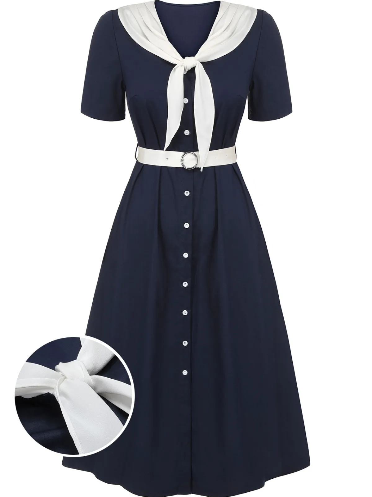 New Retro Stage 1940s Sailor Collar Dress Dark Blue & White