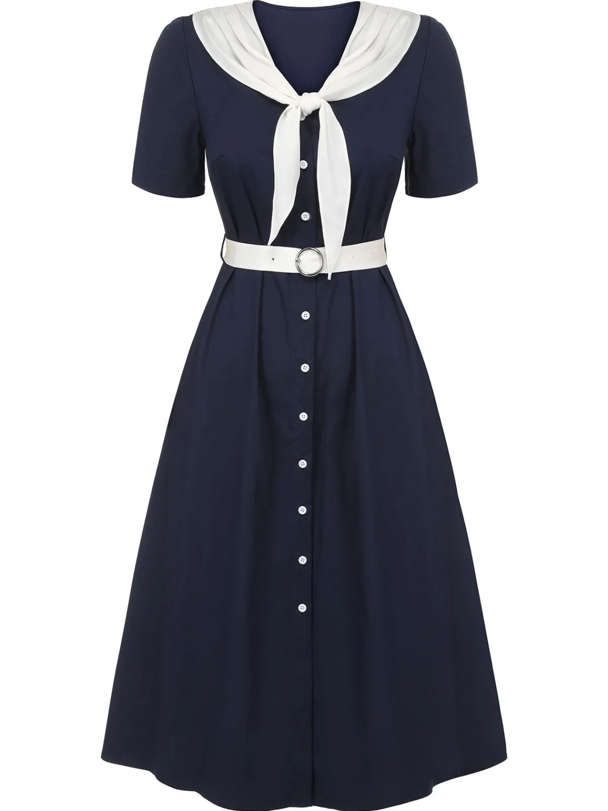 New Retro Stage 1940s Sailor Collar Dress Dark Blue & White