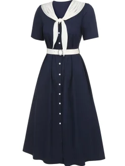 New Retro Stage 1940s Sailor Collar Dress Dark Blue & White