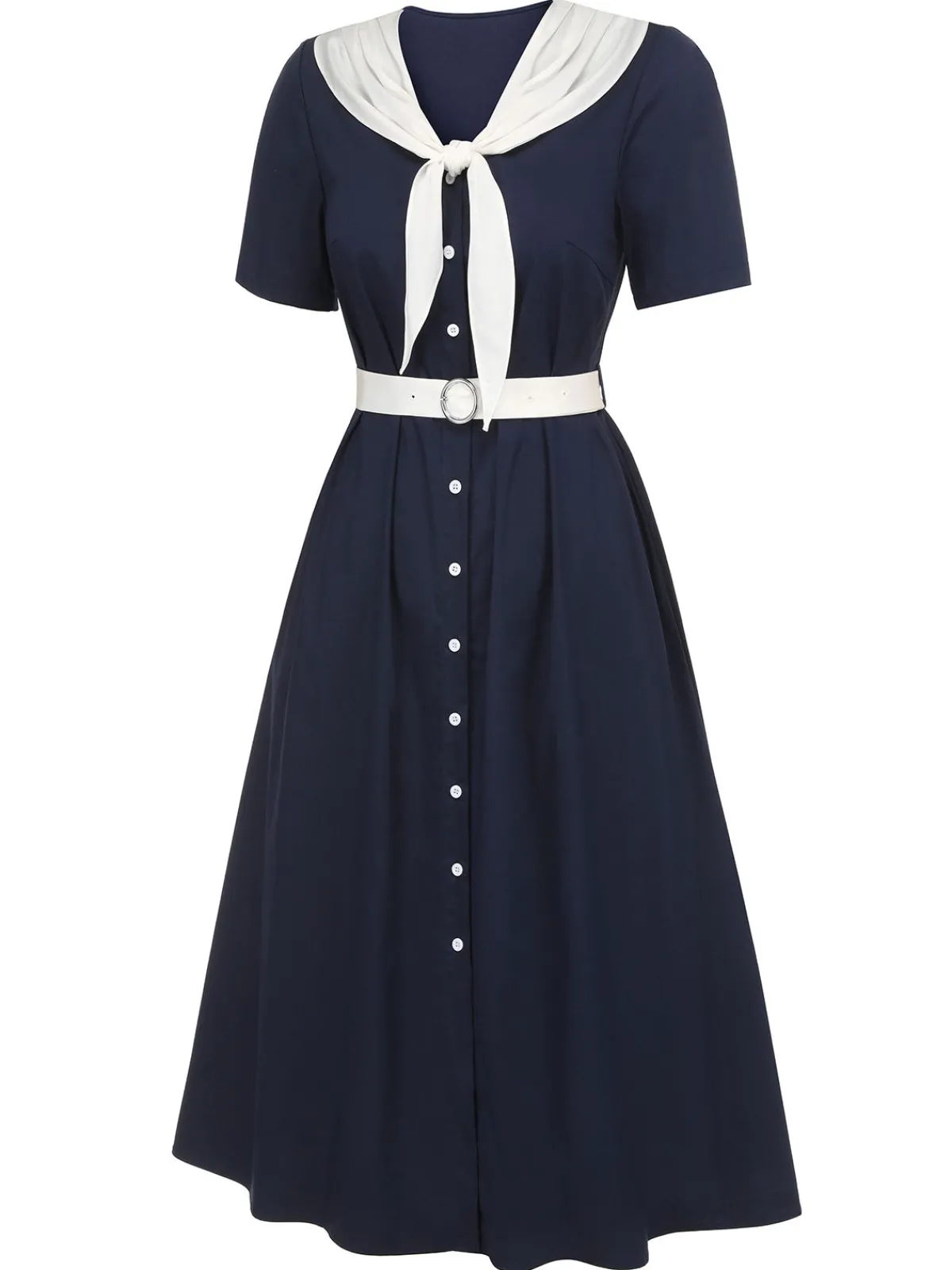 New Retro Stage 1940s Sailor Collar Dress Dark Blue & White