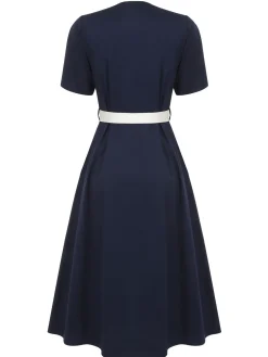 New Retro Stage 1940s Sailor Collar Dress Dark Blue & White