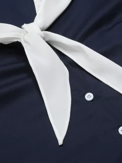 New Retro Stage 1940s Sailor Collar Dress Dark Blue & White