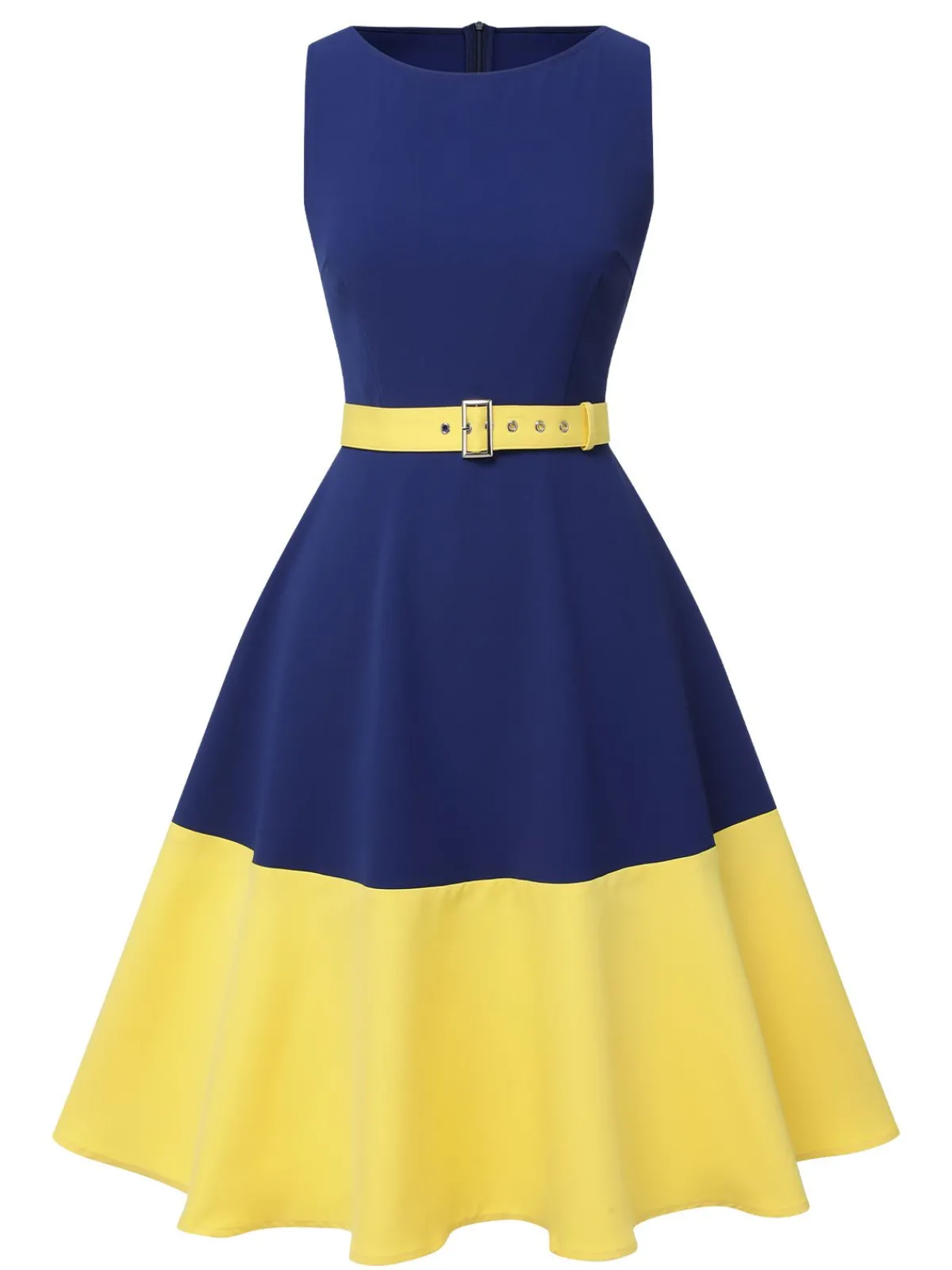 Outlet Retro Stage & Yellow 1950s Solid Boat Neck Dress Dark Blue