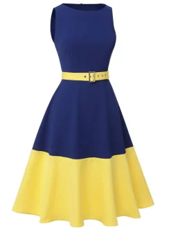 Outlet Retro Stage & Yellow 1950s Solid Boat Neck Dress Dark Blue