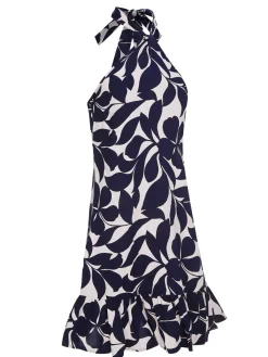 Outlet Retro Stage Dark 1940s Backless Halter Floral Dress Blue