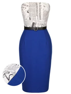 Fashion Retro Stage 1960s Bandeau Newspaper Belted Pencil Dress Dark Blue