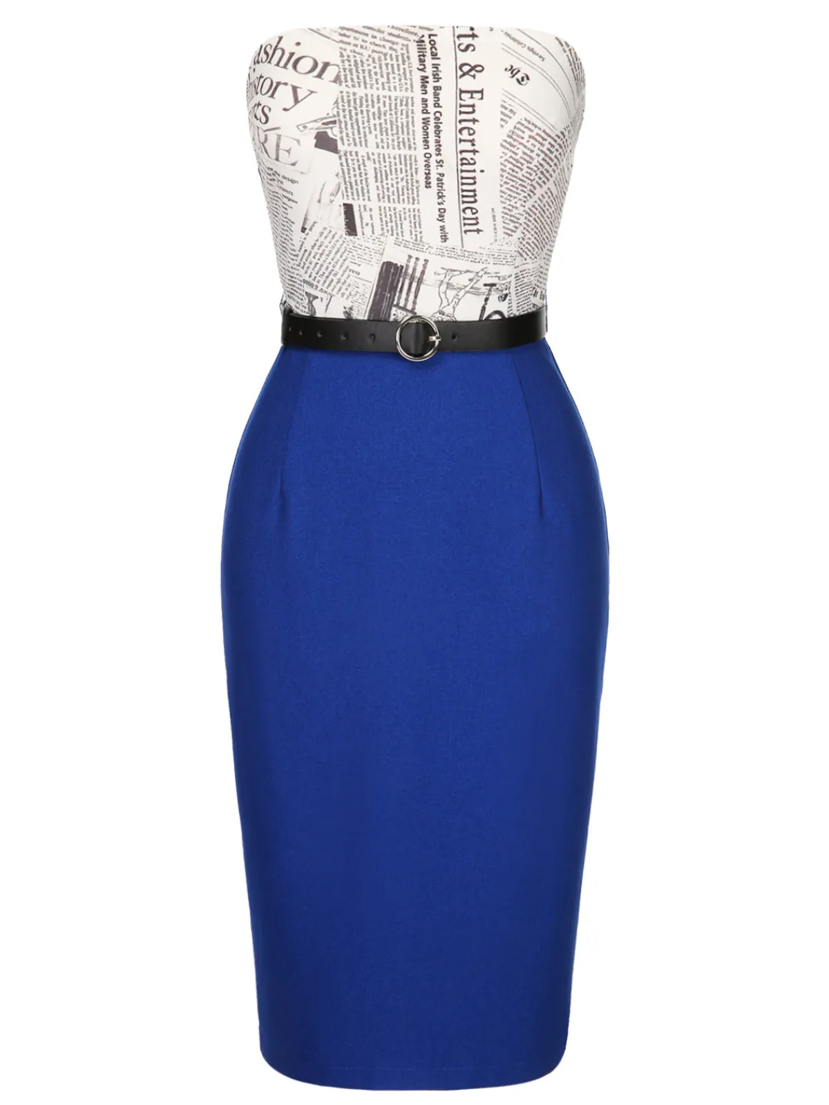 Fashion Retro Stage 1960s Bandeau Newspaper Belted Pencil Dress Dark Blue