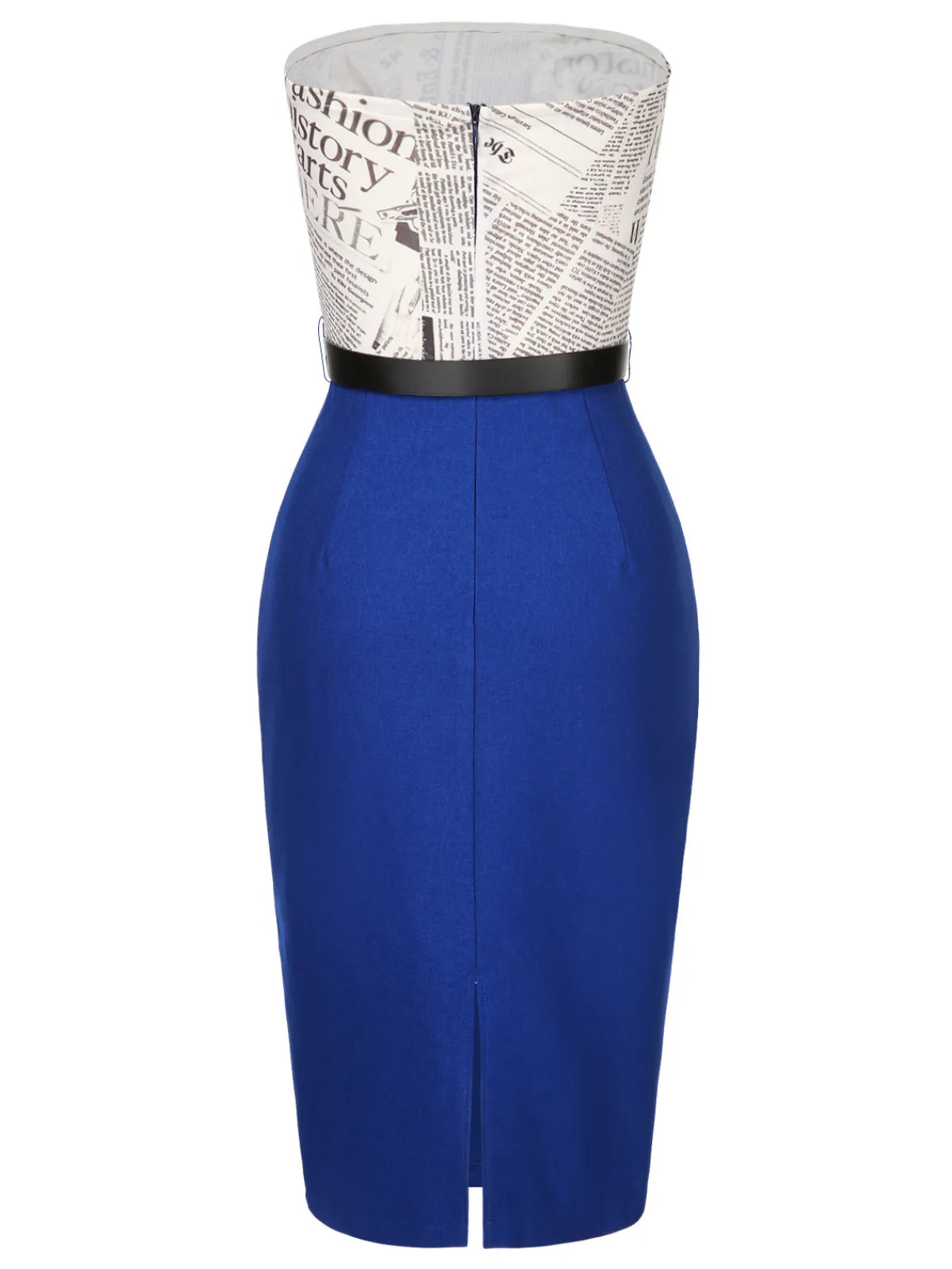 Fashion Retro Stage 1960s Bandeau Newspaper Belted Pencil Dress Dark Blue