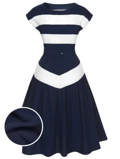 Discount Retro Stage 1940s Boat Neck Stripe Dress Dark Blue