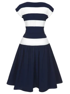 Discount Retro Stage 1940s Boat Neck Stripe Dress Dark Blue
