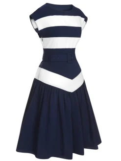 Discount Retro Stage 1940s Boat Neck Stripe Dress Dark Blue