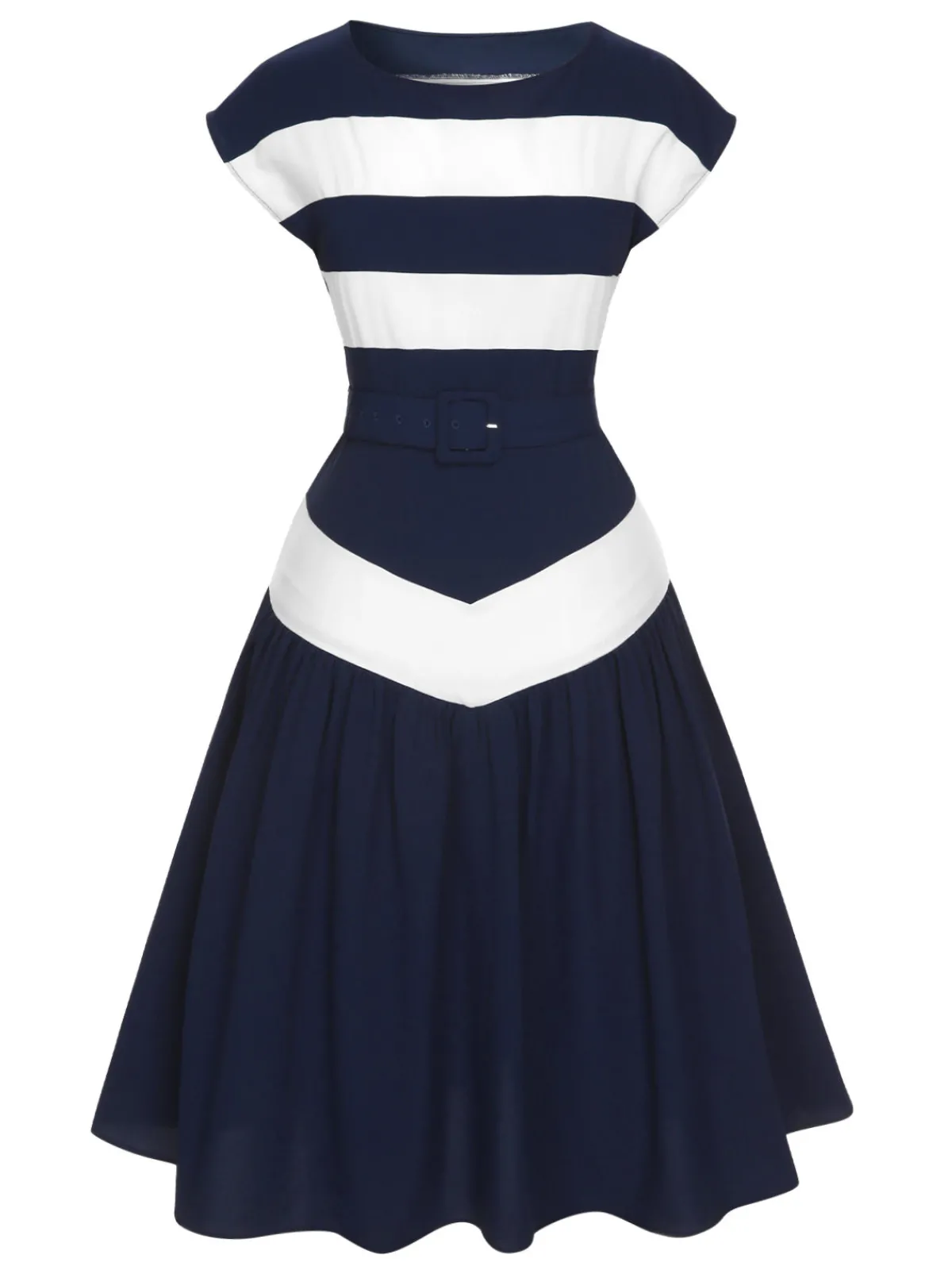 Discount Retro Stage 1940s Boat Neck Stripe Dress Dark Blue