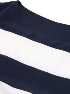Discount Retro Stage 1940s Boat Neck Stripe Dress Dark Blue
