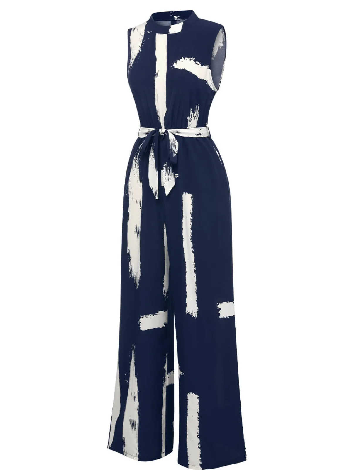 Outlet Retro Stage 1940s Brush Print Jumpsuit With Belt Dark Blue