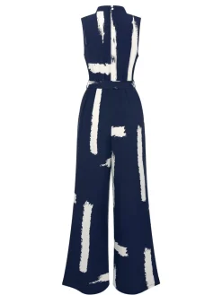 Outlet Retro Stage 1940s Brush Print Jumpsuit With Belt Dark Blue