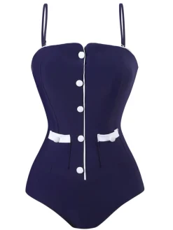 Outlet Retro Stage 1940s Button Spaghetti Strap One-piece Swimsuit Dark Blue