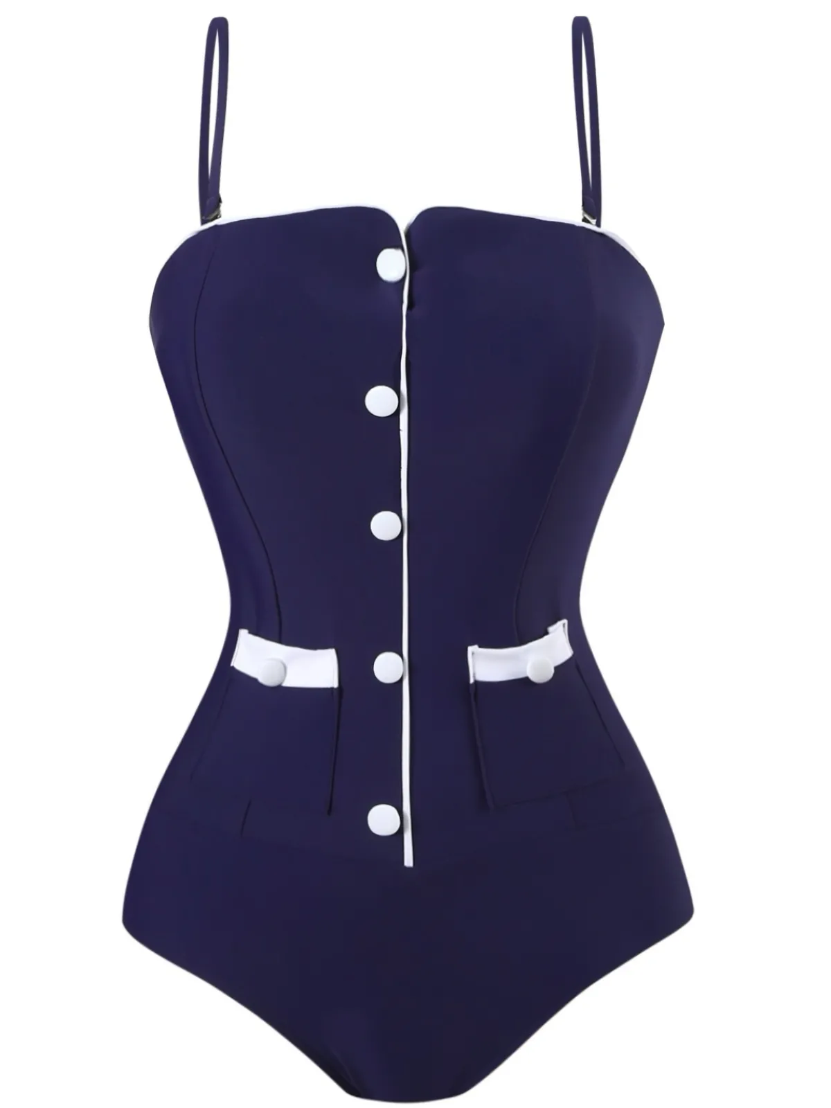 Outlet Retro Stage 1940s Button Spaghetti Strap One-piece Swimsuit Dark Blue