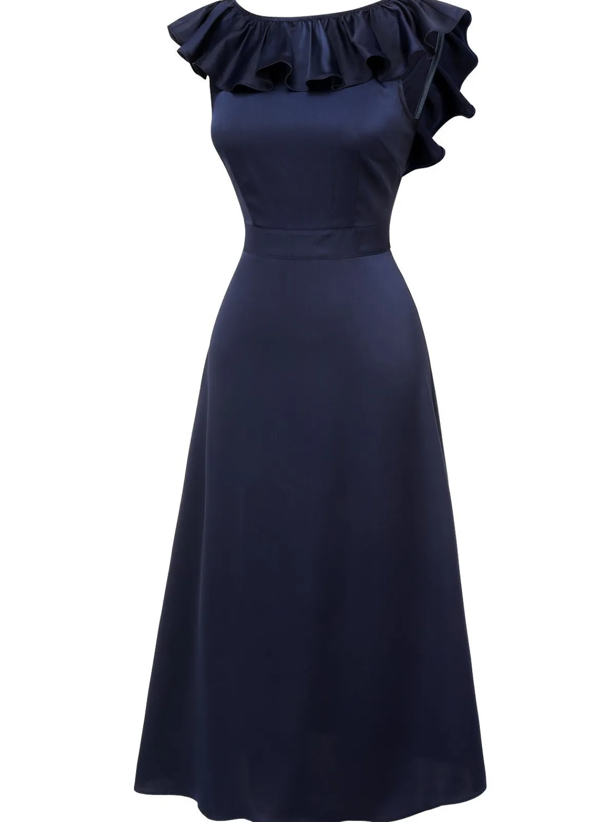 Best Retro Stage 1930s Flounce Sleeve Cowl Neck Trumpet Dress Dark Blue