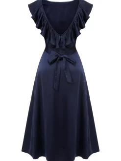 Best Retro Stage 1930s Flounce Sleeve Cowl Neck Trumpet Dress Dark Blue