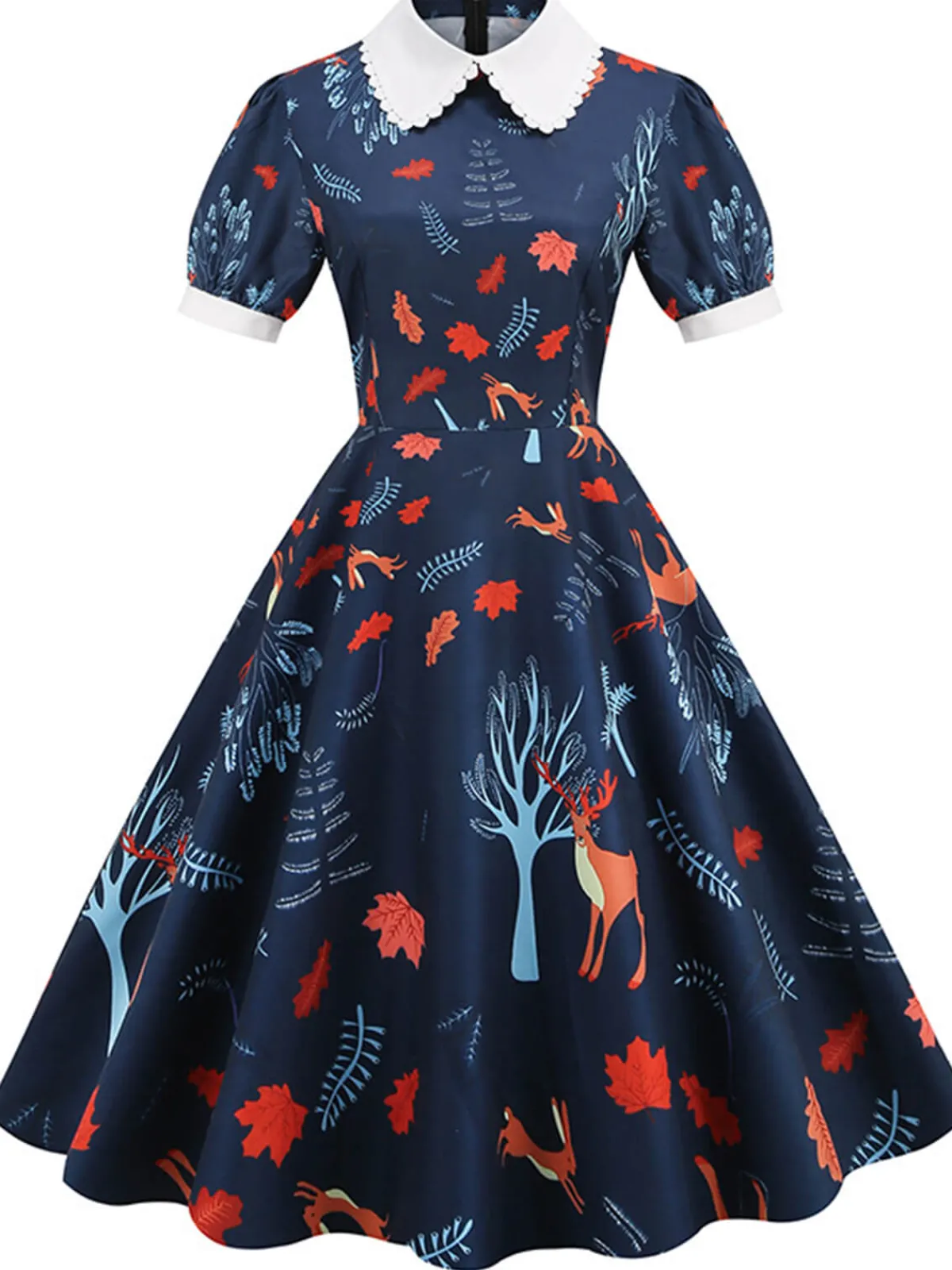 Discount Retro Stage 1950s Forest Puff Lapel Dress Dark Blue