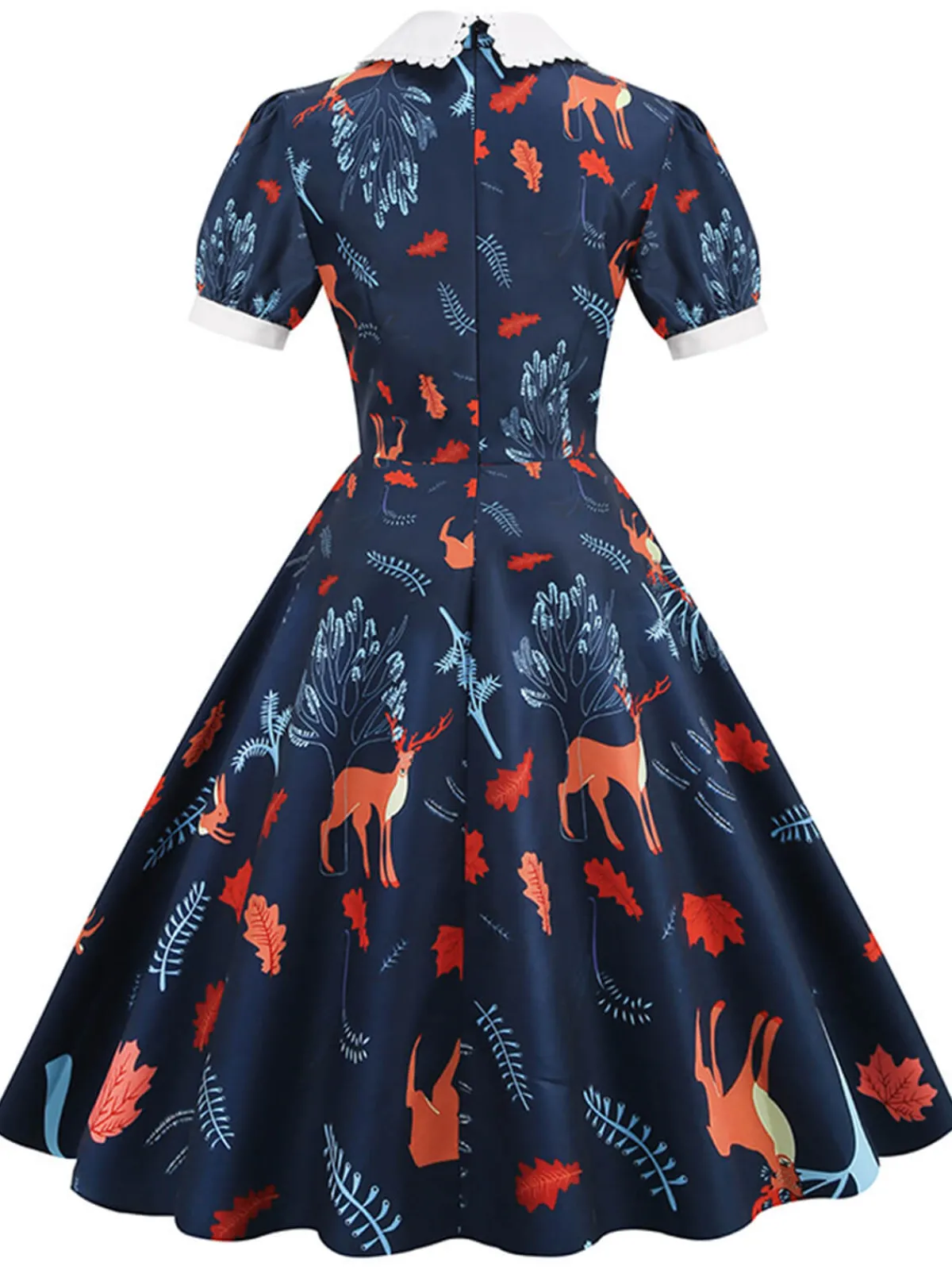 Discount Retro Stage 1950s Forest Puff Lapel Dress Dark Blue