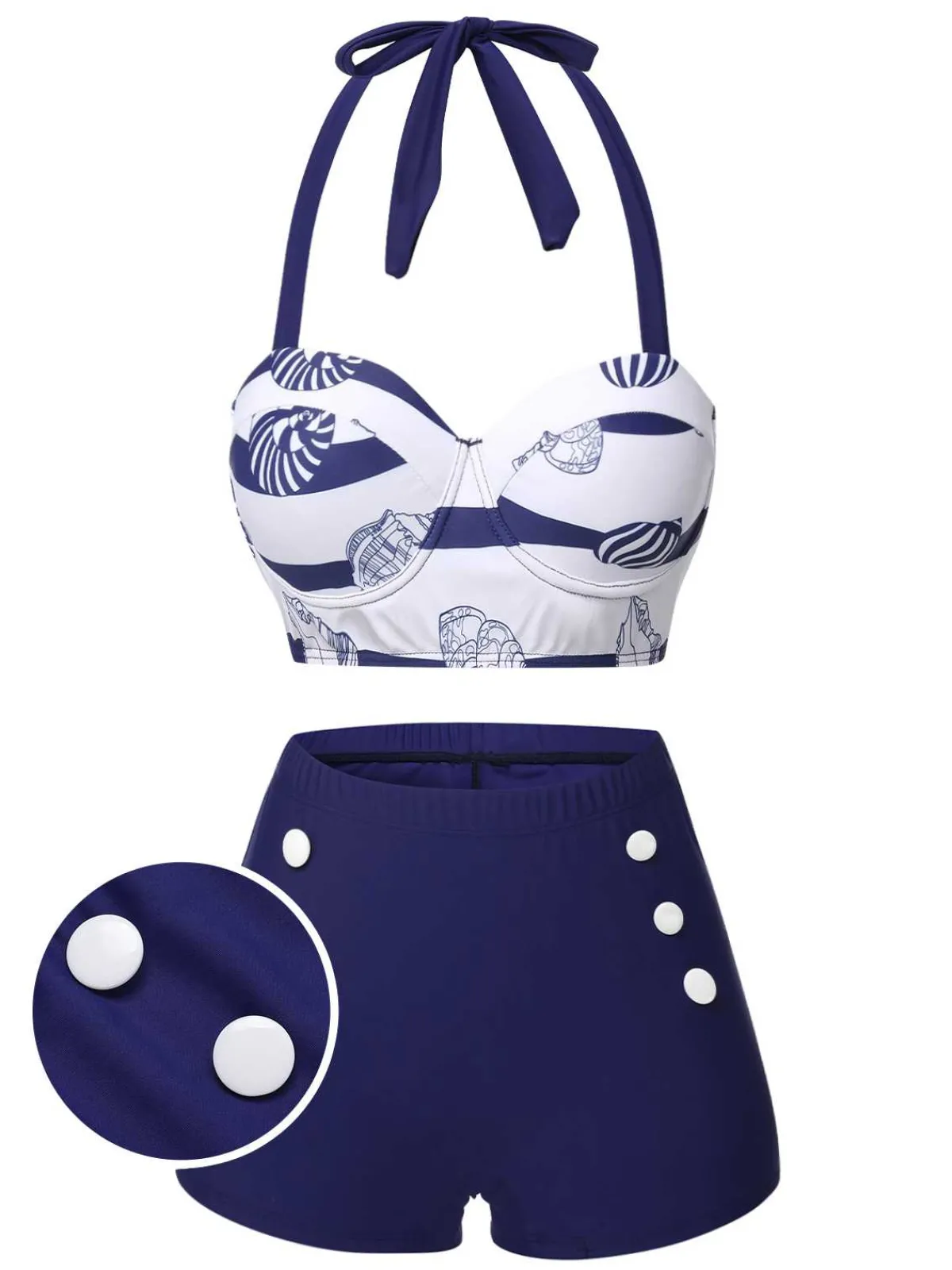 Hot Retro Stage 1940s Halter Ocean Stripes Swimsuit Dark Blue