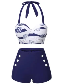 Hot Retro Stage 1940s Halter Ocean Stripes Swimsuit Dark Blue