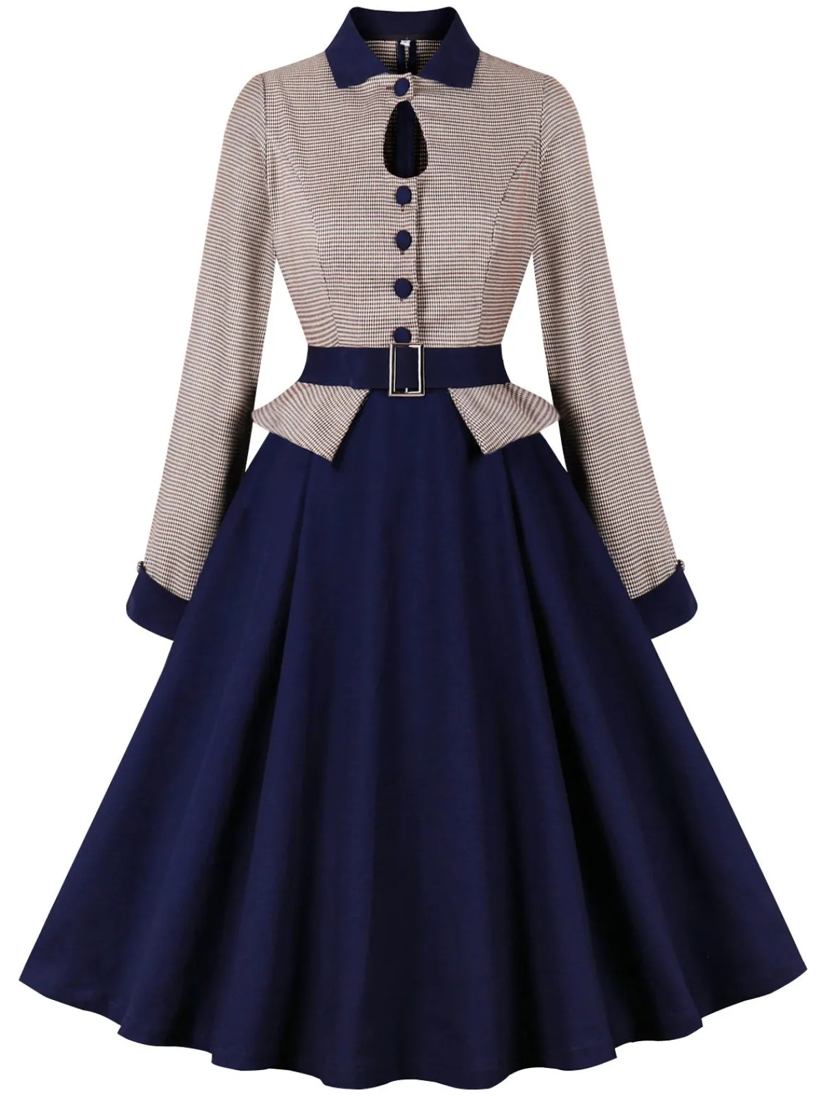 Online Retro Stage 1950s Houndstooth Patchwork Belted Dress Dark Blue