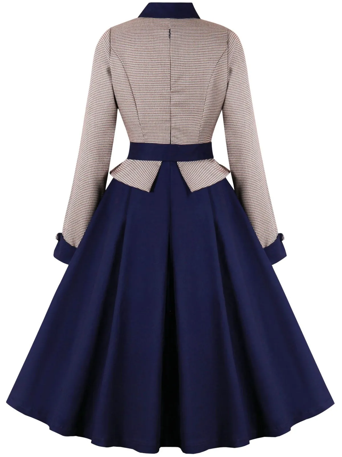 Online Retro Stage 1950s Houndstooth Patchwork Belted Dress Dark Blue
